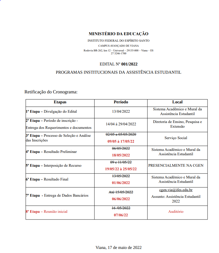 Retificação do Cronograma do Edital de Assistência Estudantil